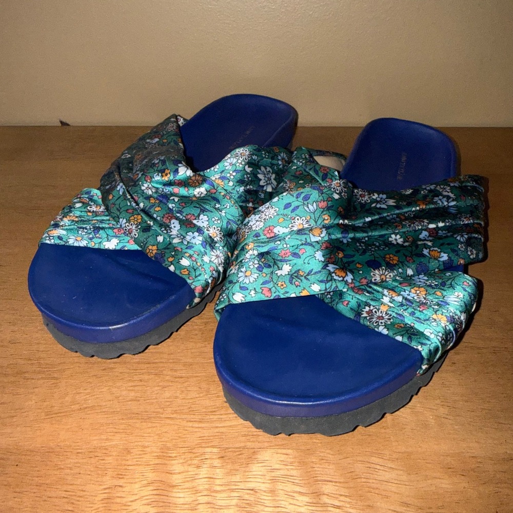 Ann Taylor Womens Green Floral Knotted Crossover Slide Sandals Blue Footbed 8M